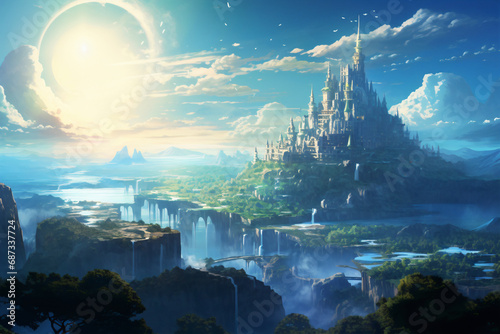 Enchantment at Dusk: The Celestial City of Azure Peaks. Generative AI © Oana