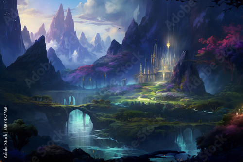 Enchantment at Dusk: The Celestial City of Azure Peaks. Generative AI