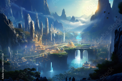 Enchantment at Dusk  The Celestial City of Azure Peaks. Generative AI