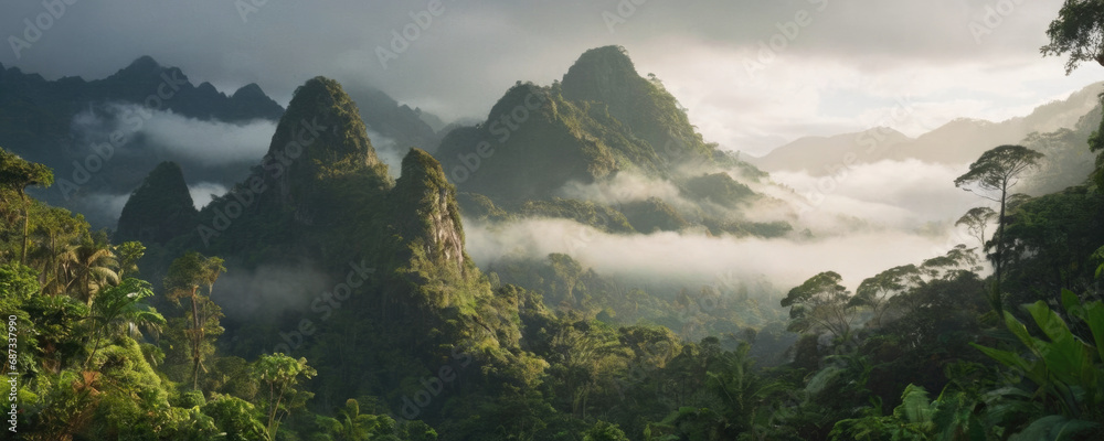 In the morning as the fog cleared a magnificent green landscape emerged revealing towering mountains lush forests and a breathtaking jungle creating the perfect background for an immersive