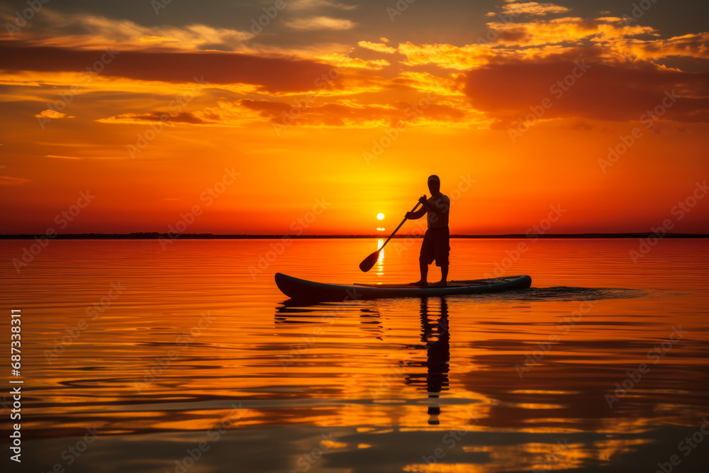 SUP boarding against the backdrop of the setting sun generative ai