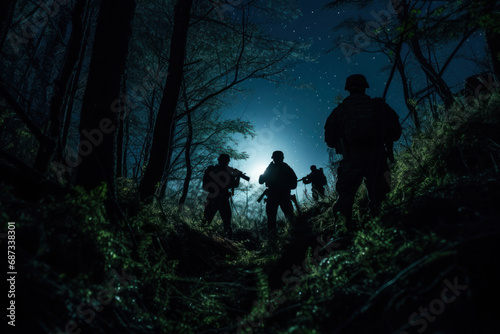 military soldiers in the night forest look out for enemy positions generative ai