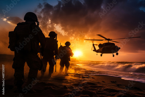 military paratroopers soldiers disembark from a helicopter generative ai photo