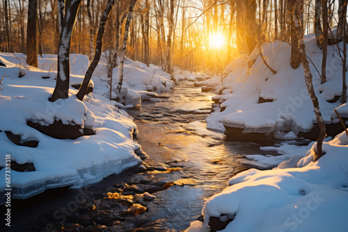 winter warm day forest stream flows in the forest illuminated by the sun generative ai