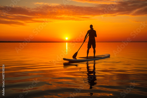 SUP boarding against the backdrop of the setting sun generative ai