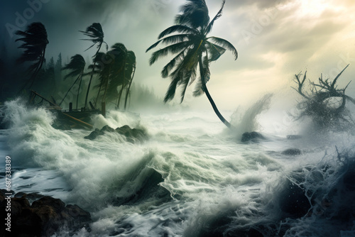 storm waves wash away the coast of a tropical island generative ai photo