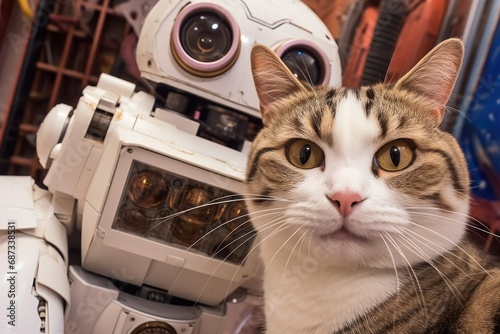 A cat sitting next to a robot in a room. Generative AI. photo