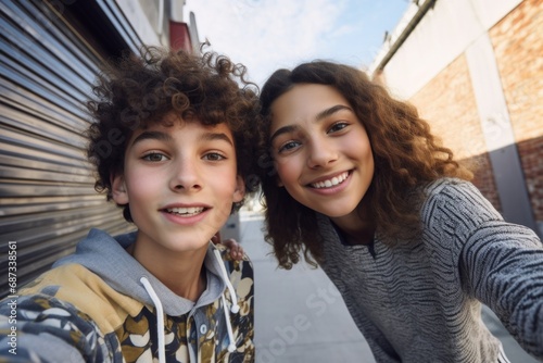 A boy and a girl taking a selfie. Generative AI. © Natalia