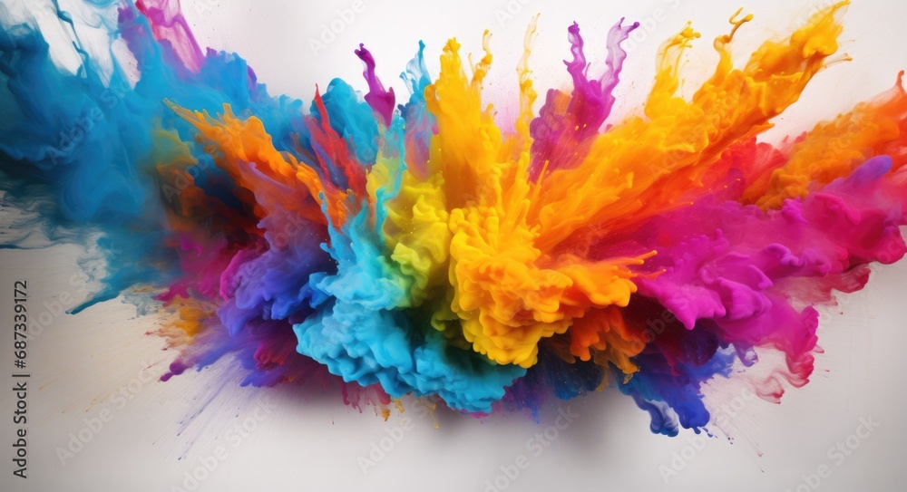 A colorful cloud of paint is shown on a white surface. Generative AI.