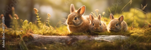 A group of rabbits sitting on top of a lush green field. Generative AI. photo