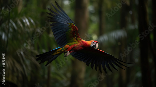 A parrot in rainforest. Low angle shot of a parrot soaring in rainforest. Wild concept. Animal concept. Bird concept. Wild life concept. Animal world concept. Tropical concept. © IC Production