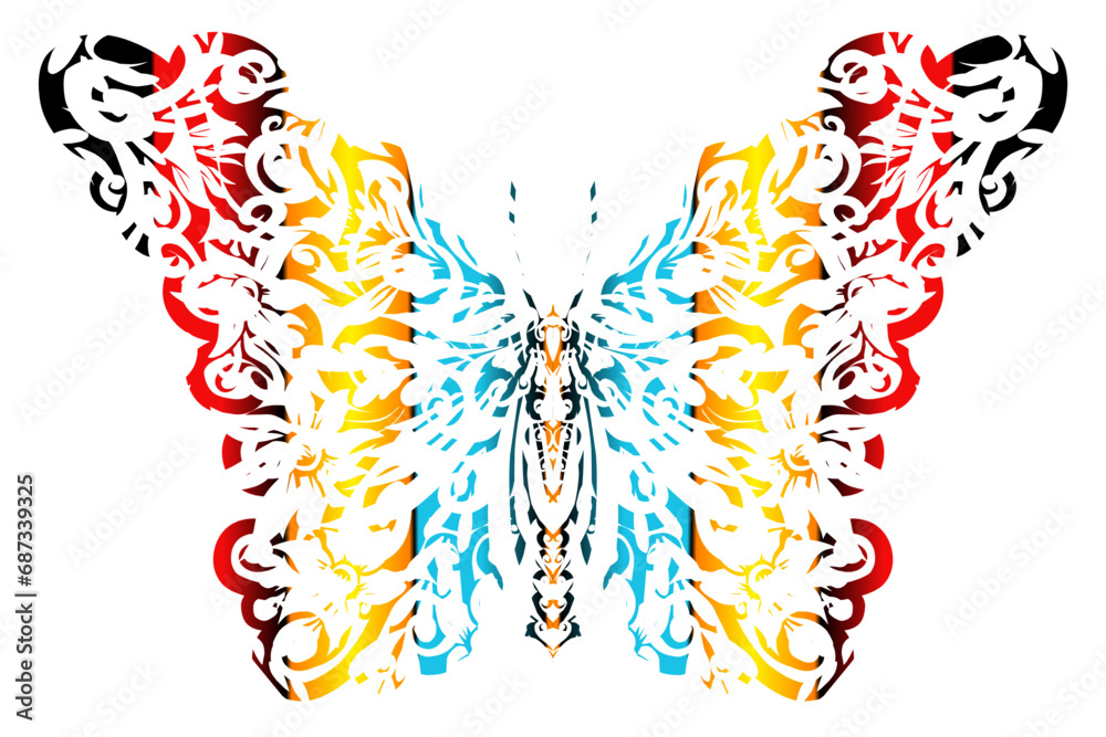 The symmetrical butterfly vector design with dynamic gradient batik dayak flower line art in a luxurious pattern colour	