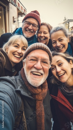 A group of seniors smiling and taking a selfie together. Generative AI. © Natalia