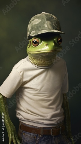 A cute frog wearing a baseball cap and a t-shirt. Generative AI.