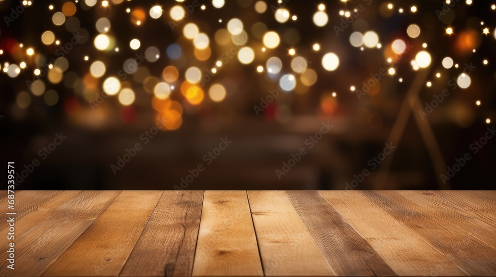 Empty wooden table with christmas theme in background ,bokeh  light for christmas night festive 