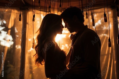 Romantic silhouette of a woman and her partner sharing a kiss under a canopy of fairy lights on Valentine's Day, symbolizing love and passion for Valentine's Day. generative AI