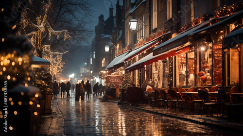 raining and snow old town street in Christmas at night, shop window light, Europe