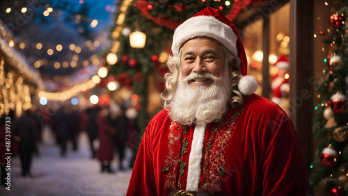 santa claus in a decorated city for christmas