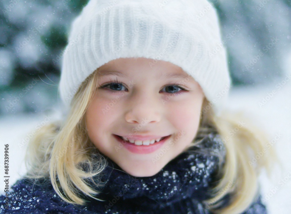 Blonde cute toddler girl at winter holiday, smiling on the snow, snowy forest outdoors Blonde cute toddler girl at winter holiday, smiling on the snow, snowy forest outdoors