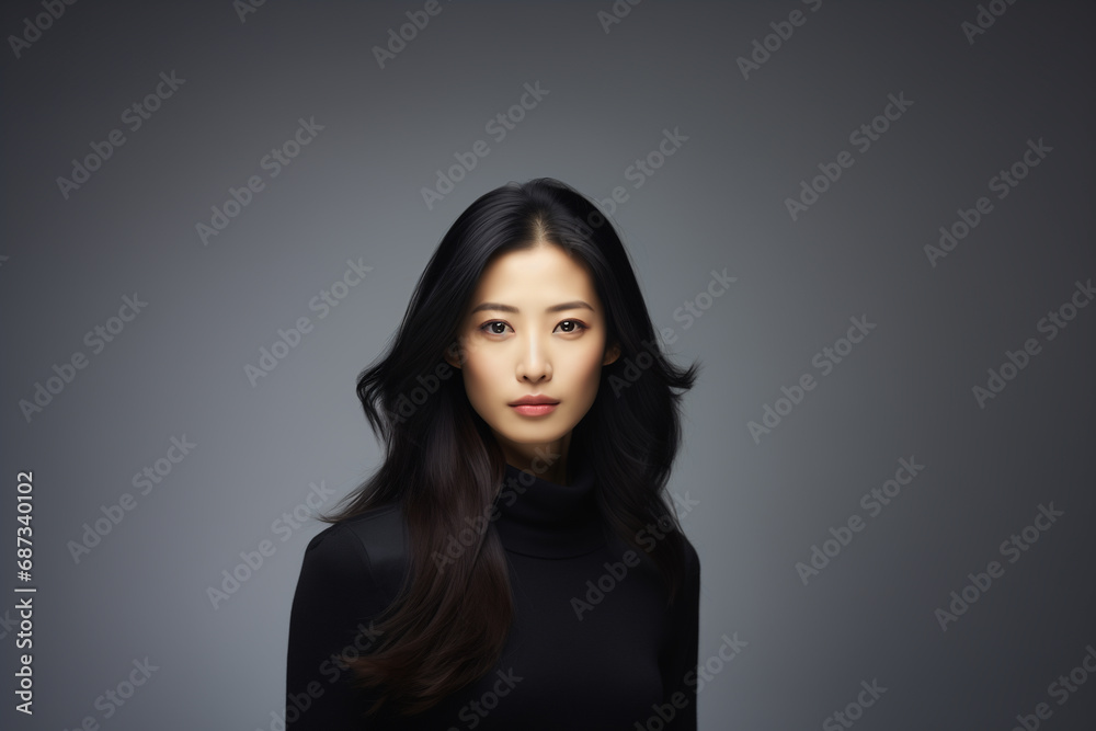 Portrait of a young Asian woman with good health glowing skin and positivity standing and looking at the camera. Portrait of a young Asian woman with good health glowing skin and positivity standing and looking at the camera.