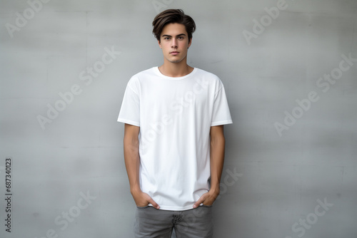 Portrait of confident young man wearing white blank t-shirt, Mockup shirt for design.