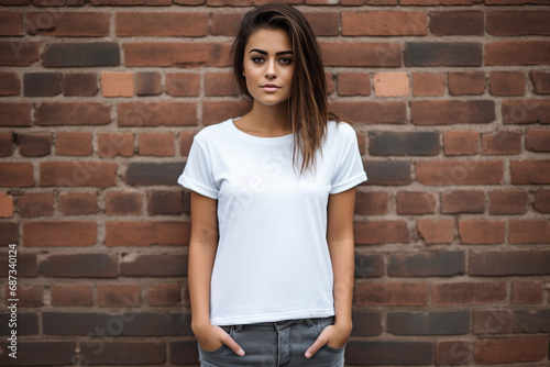 Portrait of confident young woman wearing white blank t-shirt, Mockup shirt for design.