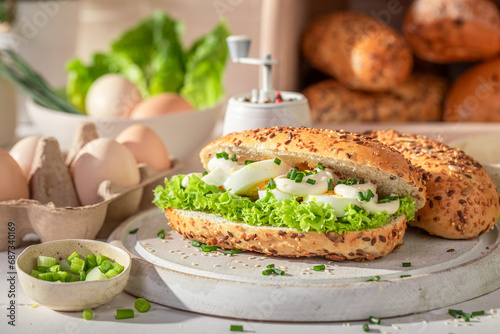 Healthy and delicious sandwich for fresh breakfast in morning. photo