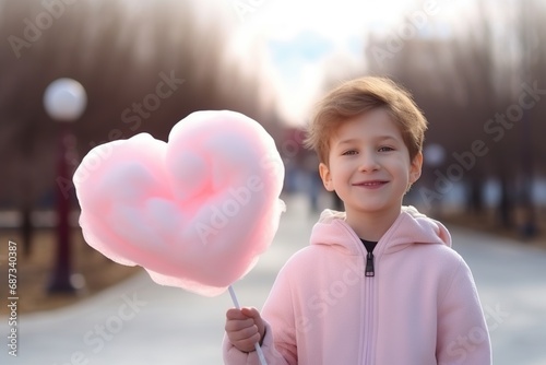 Happy kid holding cotton Candy Heart shaped on parc, cotton Candy day celebration, Generative Ai 