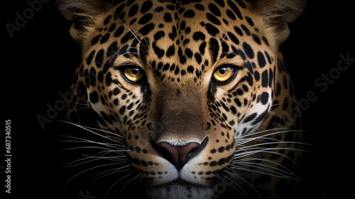 Jaguar face on black background. Jaguar Rain Forest Animal, Jaguar Power, Tropical. generative ai © Witri