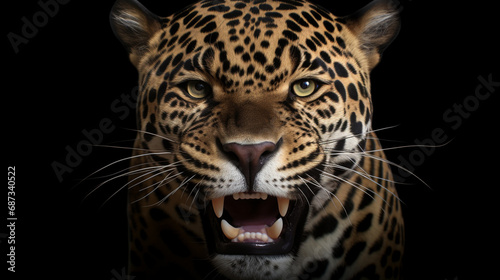 Jaguar face on black background. Jaguar Rain Forest Animal, Jaguar Power, Tropical. generative ai