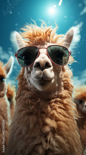 Funny poster. Portrait of a Alpaca in a glasses. No drama, llama. Humor card. generative ai © Witri