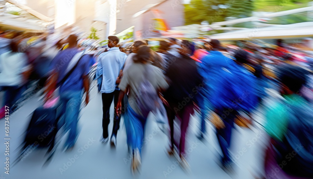 Obraz premium People moving in the street. Blurred people. Crowded public place with people passing. Generative AI