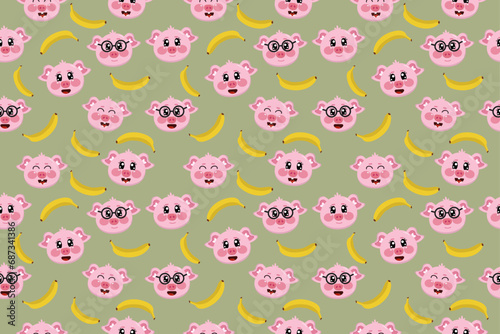 Seamless pattern with kawaii pigs with banana fruit