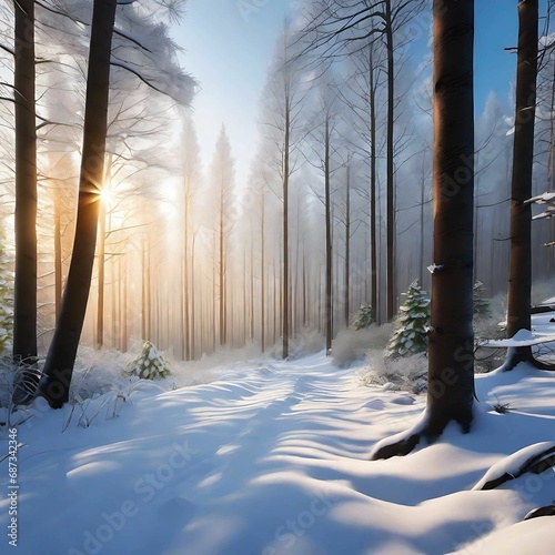 Snow Forest Mountain Tree Landscape Winter outdoor. A serene winter landscape with a snow covered forest and mountain range, gleaming peaks, snow laden slopes