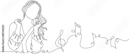 line art drawing of Woman listening to music . headphones musical sound wave vector illustration concept.