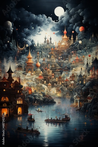 paint illustration of a castle town in the night