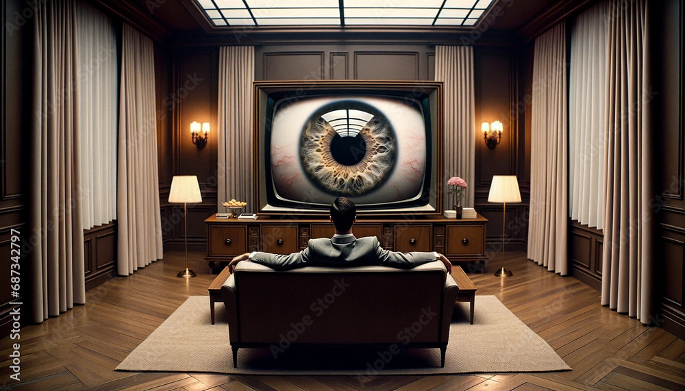 AI-Generated Image: Man Watching TV with an Eye Inside - obrazy, fototapety, plakaty 