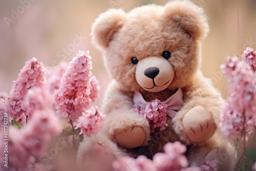 teddy bear with flowers and hearts in fluffy paws Teddy Bear with heart Valentines teddy bear © PinkiePie