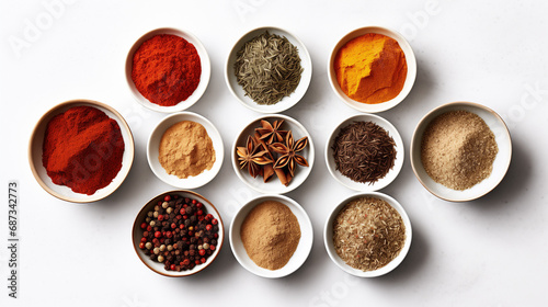 Variety of spices isolated in white background