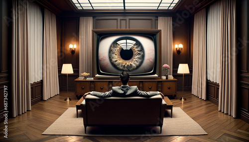 AI-Generated Image: Man Watching TV with an Eye Inside photo