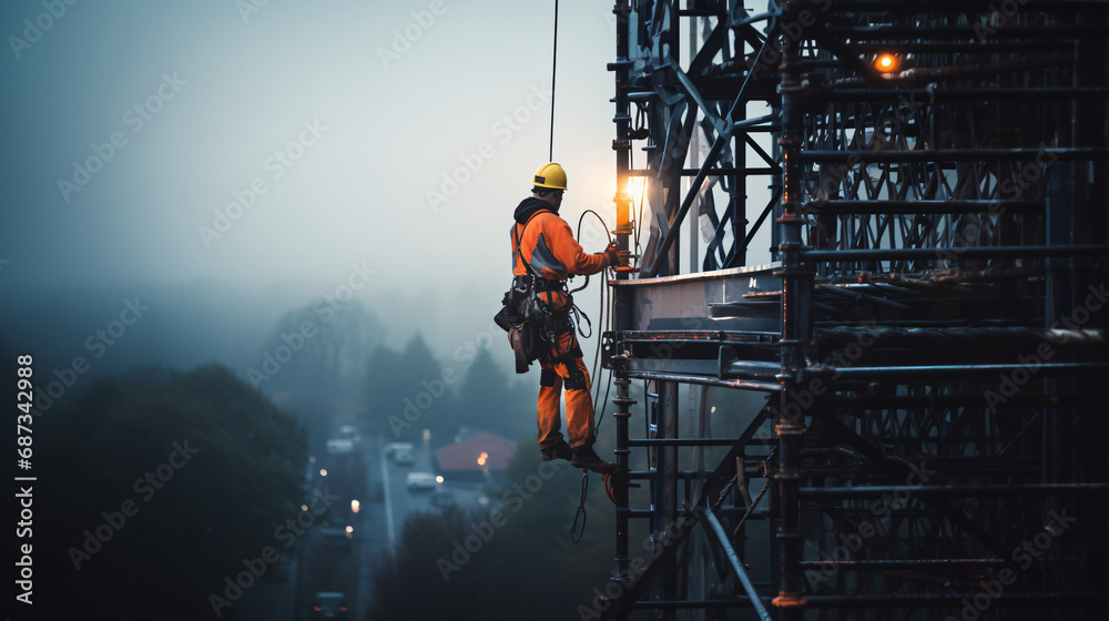 Electrician working at high voltage power line. Concept of work on high ground heavy industry - obrazy, fototapety, plakaty 
