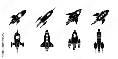 Rockets (launching and flying in the sky) icon set. Black and white vector drawings of rocket icons isolated on white background.