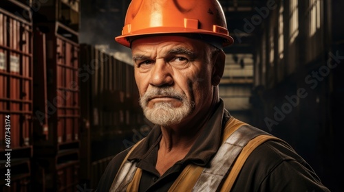 An older man wearing an orange hard hat. Generative AI.