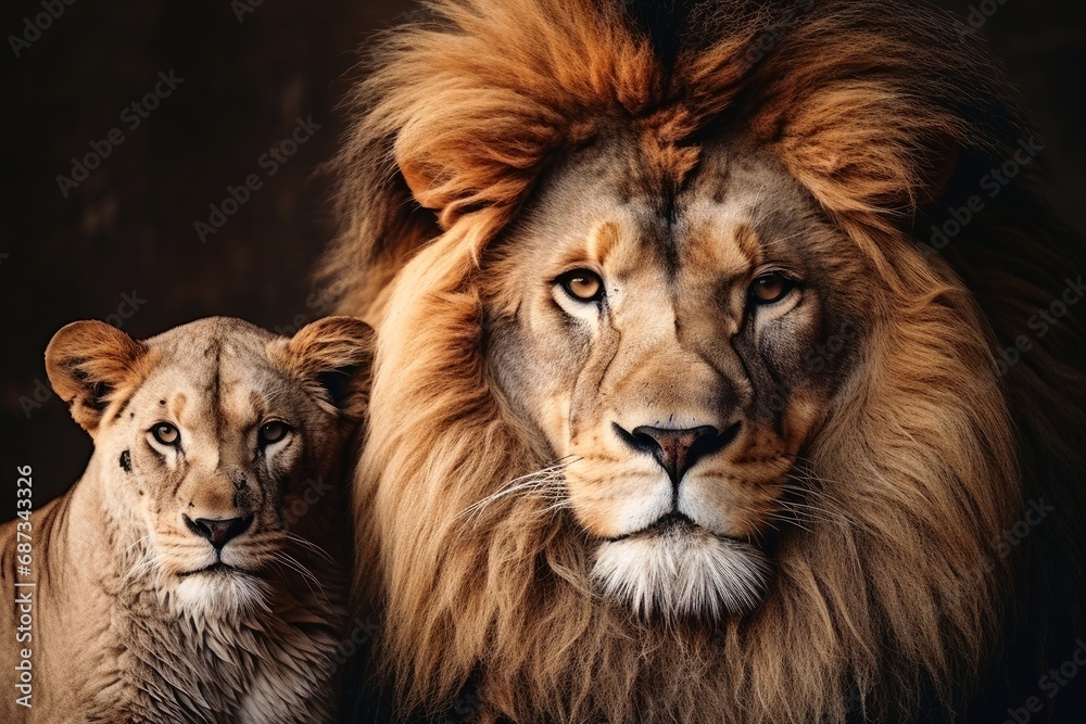 Obraz premium A male and a female lion portrait.