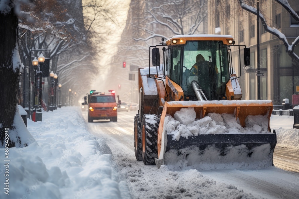 Snowplow clearing the street of snow Snowplow clearing the street of snow