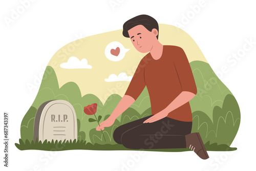 Mourning Man Sitting in Front of a Grave in a Cemetery