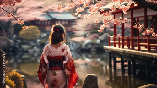Asian woman in kimono in scenic cherry blossom garden, sakura in Japan