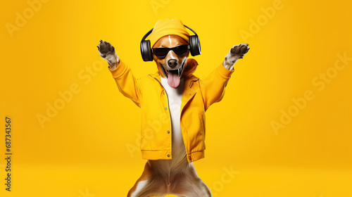 Dance moves. dog, hip hop dancer dancing isolated over yellow background with copy space. Inspiration, idea, street dance style. Surrealism, and. Contemporary artwork © yana136