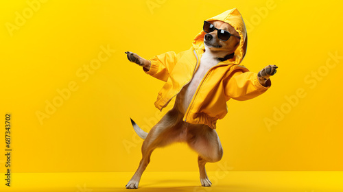Dance moves. dog, hip hop dancer dancing isolated over yellow background with copy space. Inspiration, idea, street dance style. Surrealism, and. Contemporary artwork photo