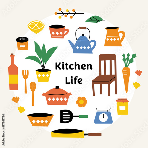 illustration set of kitchen and living room